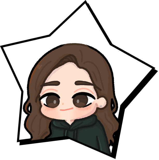 Uma ilustração de uma pessoa com cabelos longos e moletom verde dentro de uma estrela estilziada